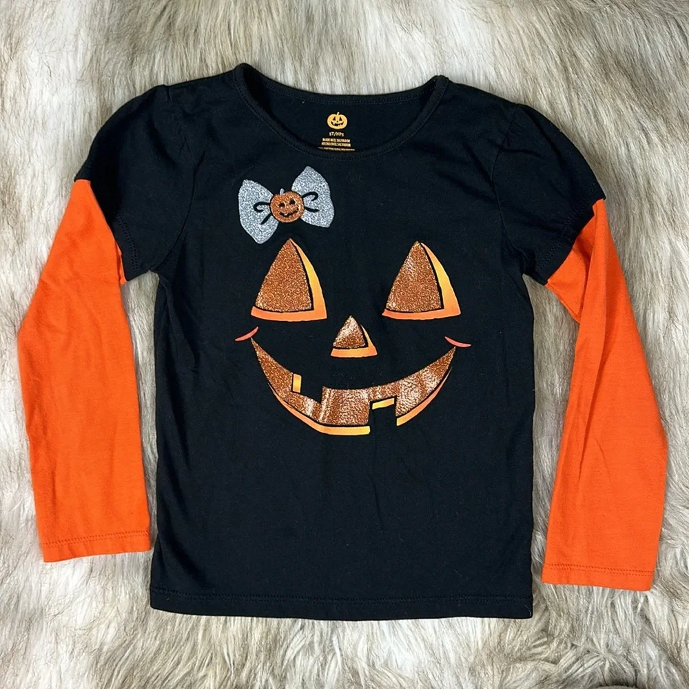 Girls Halloween Shirt Lot Size 5/6 Skeleton Pumpkin Long Sleeve Tops